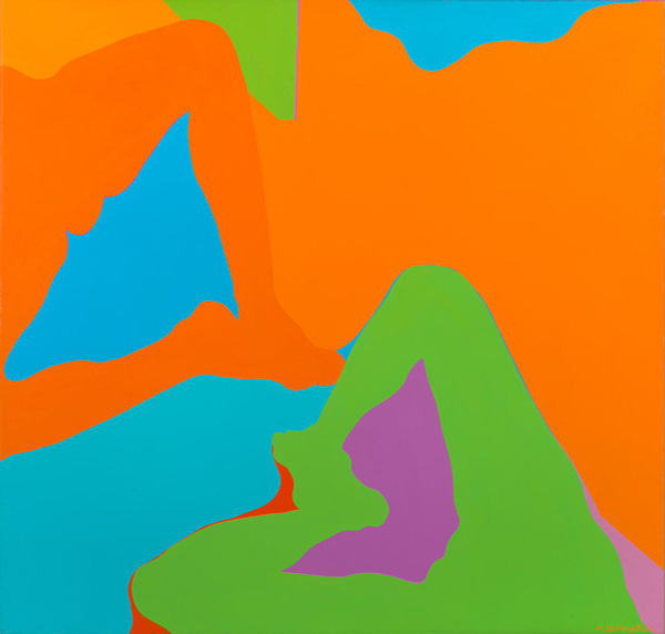 Abstract painting in oranges, blue, green, purple, and red