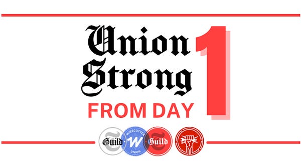 Graphic that says Union Strong From Day 1, followed by the logos of the NYT Guild, Wirecutter Union, Times Tech Guild and CODE CWA