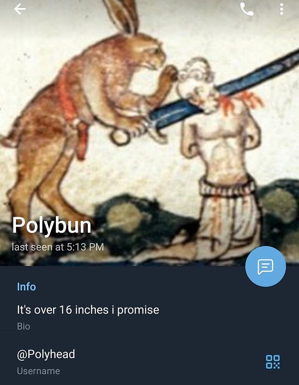 Painting shows a rabbit cutting off a man’s head with a long story it is from the same telegram account as a previous photos