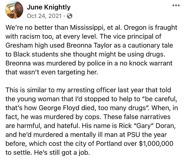An image of June Knightly’s Facebook post from Oct 24,2021 describing false police narratives, racism and police abuses of power.