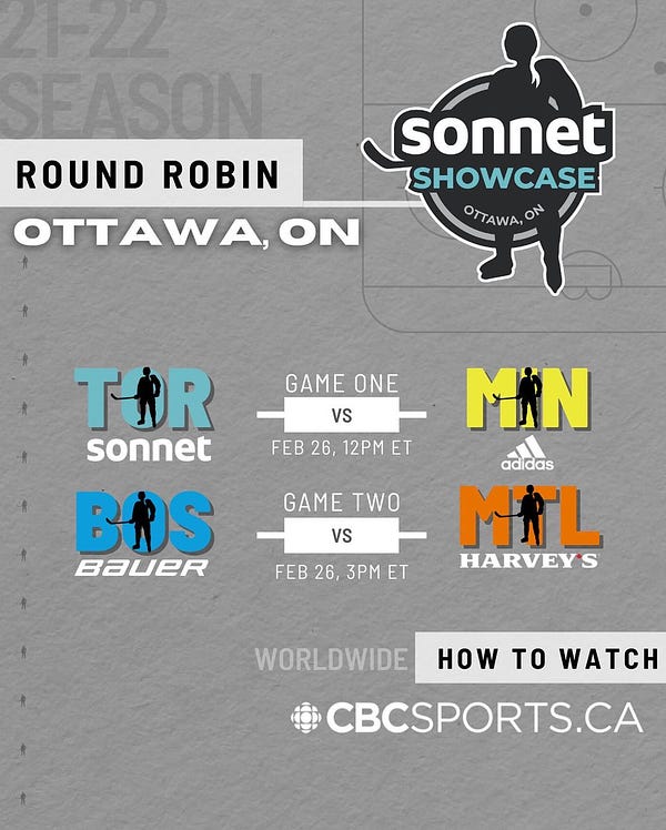 The round robin games in the Sonnet Showcase on February 26th will be streamed globally on cbcsports.ca. First game Sonnet vs adidas at 12pm ET, and second game Bauer vs Harvey’s at 3pm ET