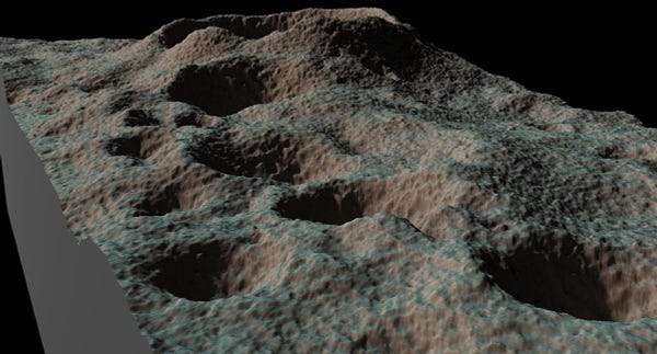 Closeup 3d view of the lunar terrain, with several craters.