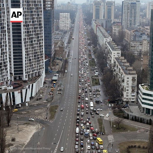 Traffic jams are seen as people leave the city of Kyiv, Ukraine.