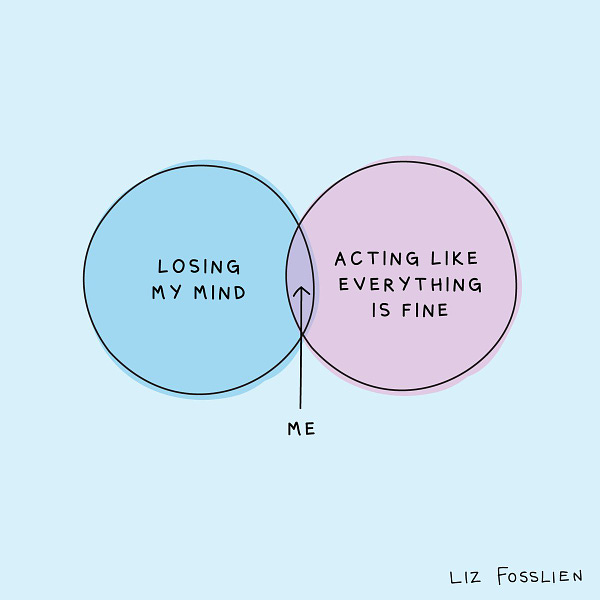 An illustrated venn diagram where one circle is labeled, "Losing my mind," and the other is labeled, "Acting like everything is fine." At the intersection is, "Me."