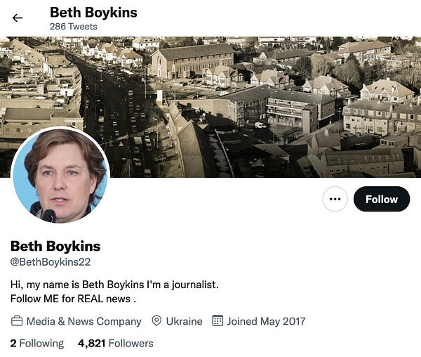 Image of @BethBoykins22's Twitter profile - account's biography is "Hi, my name is Beth Boykins I'm a journalist. 
Follow ME for REAL news ."
