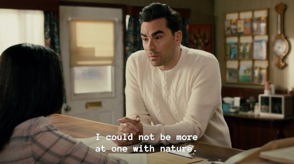 Schitt’s Creek Turkey Shoot. David and Stevie at the motel. David Rose to Stevie Budd captioned “I could not be more at one with nature. I do Coachella every year.”
