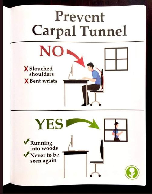 Top half of the image has a guy at a desk and says prevent carpal tunnel: No: slouched shoulder or bent wrists.
Then bottom says: yes running into woods, never to be seen again