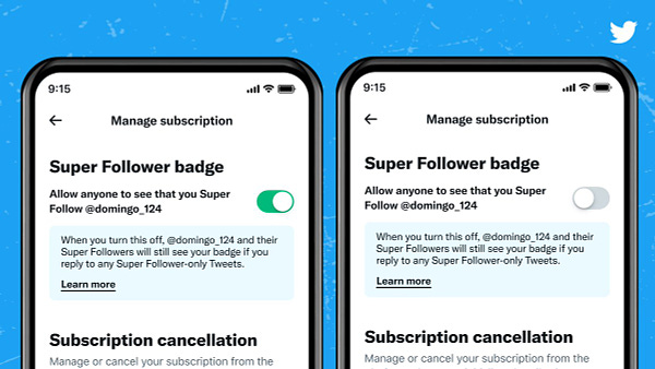 Super Followers can now hide Super Follower badges on their replies to a creator’s public Tweets. Any Super Follows subscriber on iOS can manage their badge public visibility preference by tapping the “Super Following” button on the creator’s profile, then toggling on or off the feature in the Manage Subscription settings. The default setting will be on.