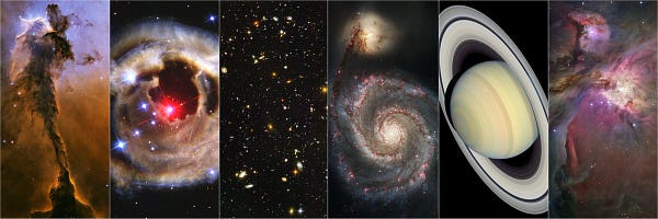 A collage of six images, side-by-side, taken by Hubble's Advanced Camera for Surveys, including a glowing orange nebula, detailed spiral galaxies, and the planet Saturn