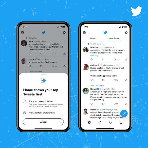Two phone screens side by side. The screen on the left shows the prompt that appears after tapping the sparkle icon on Home and gives the option to “Pin your Latest timeline”. The screen on the right shows Home on the “Latest Tweets” tab after the Latest timeline has been pinned.