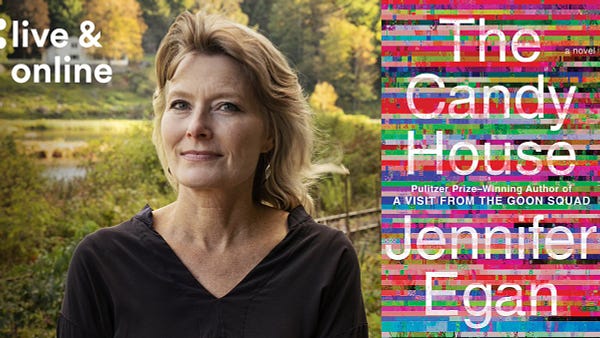 "live & online", Jennifer Egan and the book cover of The Candy House.