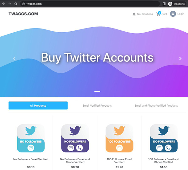 screenshot of account sales site twaccs.com