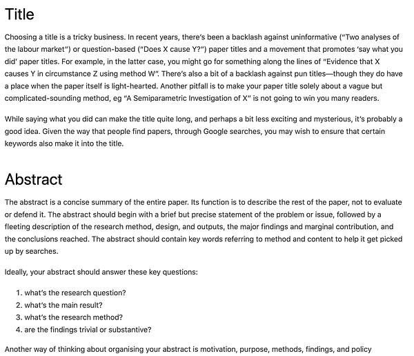 A screenshot showing a couple of the sections from the guidance for writing papers in 'Coding for Economists'