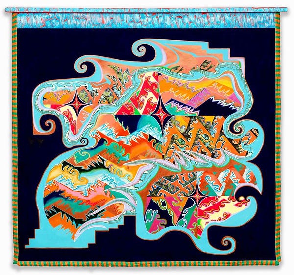 A tapestry with swirling organic shapes in bright colors.