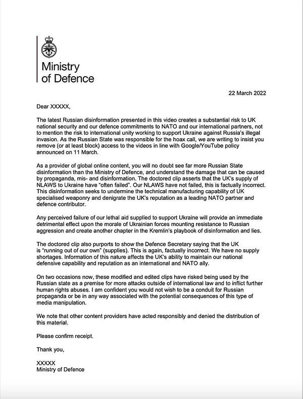 A letter from the Ministry of Defence calling on YouTube to take down videos of the Defence Secretary which had been doctored by the Russian state.