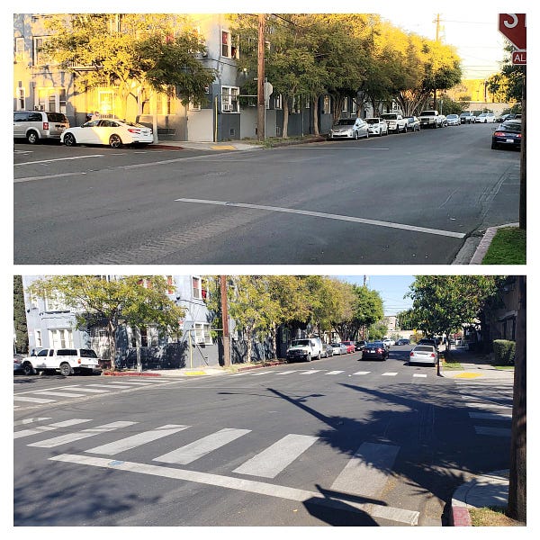 A before and after shot: Top shows the intersection without any crosswalks. Bottom shows the intersection with four newly installed crosswalks. 