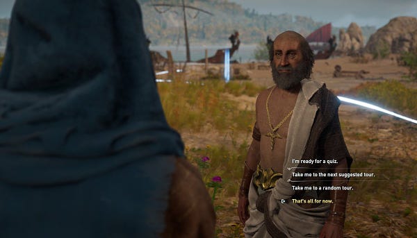 Screen grab from Assassin’s Creed Odyssey: Discovery Tour game showing four gamer options: 1) “I am ready for a quiz”; 2) “Take me to the next suggested tour”; 3) “Take me to a random tour”; 4) “That’s all for now”.