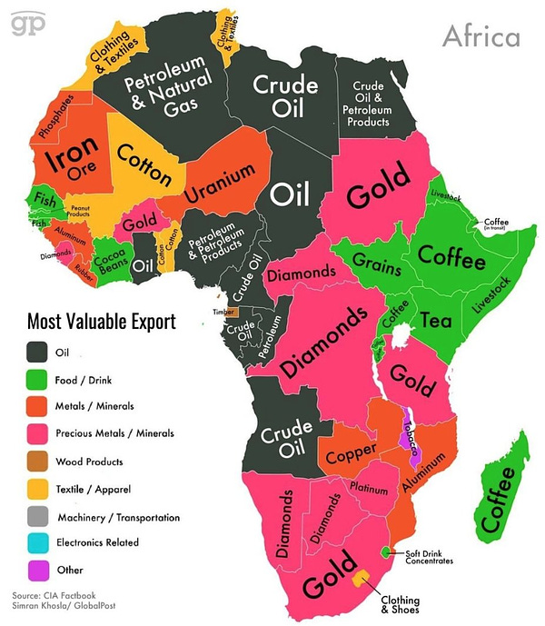 Image of a map showing the most extracted resource from every country in Africa. Link in second tweet of this thread to article with more context