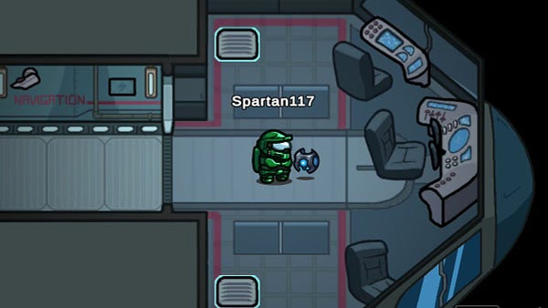 Among Us Crewmate in a Spartan outfit with a Glitch pet, in the Skeld.
