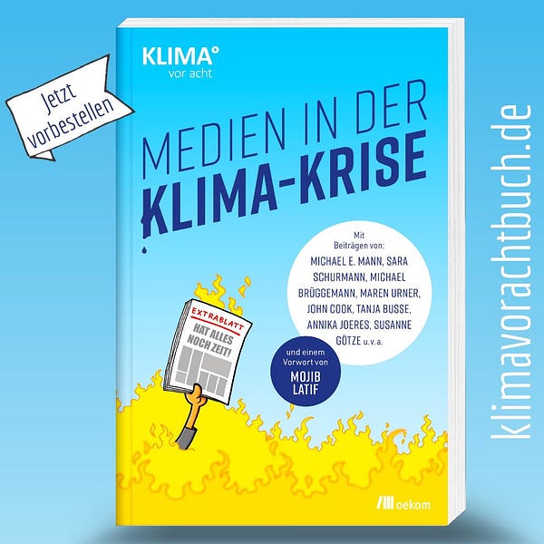 Darstellung des Buchtitels „Medien in der Klima-Krise“, herausgegeben von KLIMA° vor acht. Das Buch erscheint am 05.05.2020 beim Oekom Verlag auch als barrierefreies ebook.