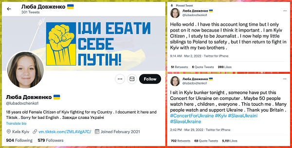 collage of @lubadovzhenko1's profile and two tweets; this content includes claims to be in Kiev, studying to be a journalist, having "bad English", and never having used the account before March 2022