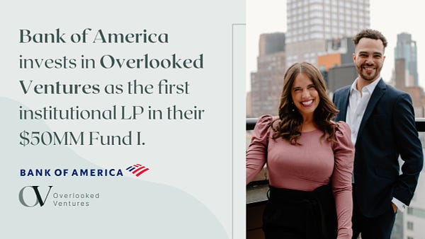 A branded asset created by the US-based firm Overlooked Ventures which includes a caption that reads ‘Bank of America invests in Overlooked Ventures as the first institutional LP in their $50MM Fund I’. The image included features the firm’s General Partners Janine Sickmeyer and Brandon Brooks. 