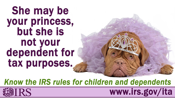 Dog in tutu and tiara. IRS logo and text 'She may be your princess, but she is not your dependent for tax purposes. Know the IRS rules for children dependents. www.irs.gov/ita'