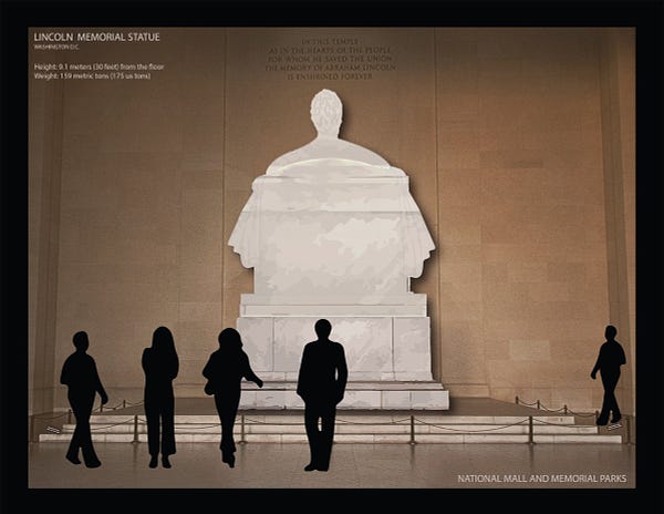 An artist's rendering of human silhouettes standing inside a memorial looking up at the back of a marble statue.
