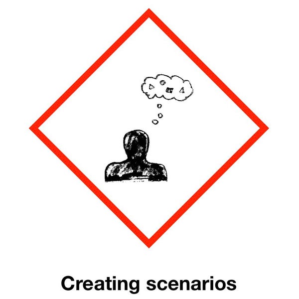 A hazard pictogram that shows a person thinking inside a red diamond outline. The text “Creating Scenarios” is written below the image.