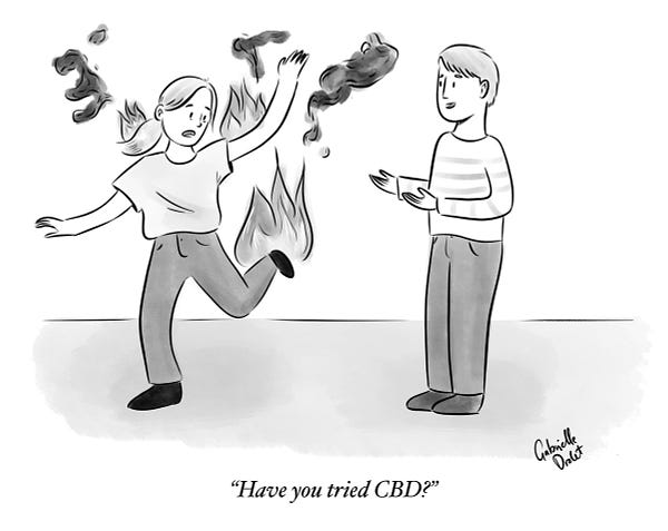 Black and white cartoon of a woman panicking because she is on fire and a man calmly standing and explaining something to her. The caption reads “have you tried CBD”