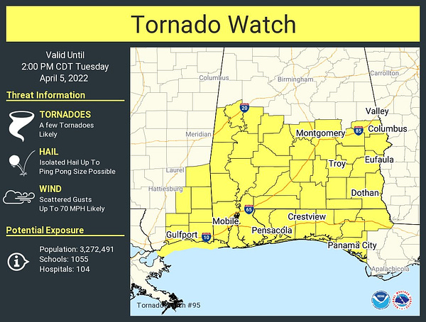 This graphic displays Tornado Watch watch number 95 plotted on a map. The watch is in effect until 2:00 PM CDT. The watch includes parts of Alabama, Florida and Mississippi. The threats associated with this watch are a few tornadoes likely, isolated hail up to ping pong size possible and scattered gusts up to 70 mph likely. There are 3,272,491 people in the watch along with 1055 schools and 104 hospitals.
