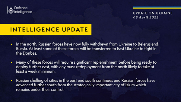 In the north, Russian forces have now fully withdrawn from Ukraine to Belarus and Russia. At least some of these forces will be transferred to East Ukraine to fight in the Donbas. 