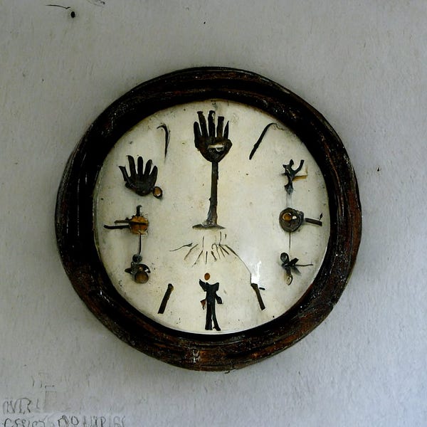 A round white clock with a single hand that ends in actual fingers and thumbs. Some of the number markings have been replaced by hands, or smashed bugs, or unidentifiable smudgy dark things