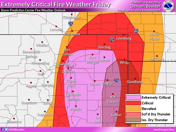A fire weather outlook for Friday April 22nd. Most of eastern Colorado is in a Critical or Extremely Critical risk.