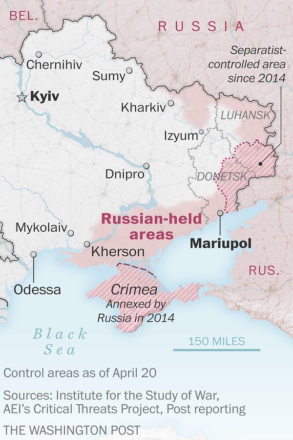 Map of eastern Ukraine showing Russian-held areas and troop movement