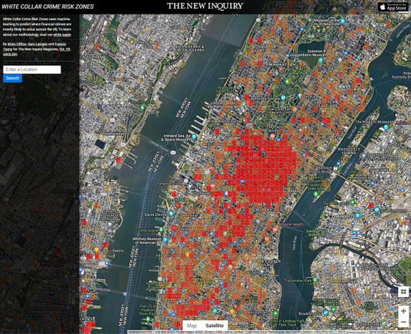 A dashboard of the White Collar Crime Risk Zones project with a map of Manhattan and red clusters predicting the potential of white collar crime by The New Inquiry. The text in the dashboard reads: White Collar Crime Risk Zones uses machine learning to predict where financial crimes are mostly likely to occur across the US. To learn about our methodology, read our white paper. By Brian Clifton, Sam Lavigne and Francis Tseng for The New Inquiry Magazine, Vol. 59: ABOLISH.