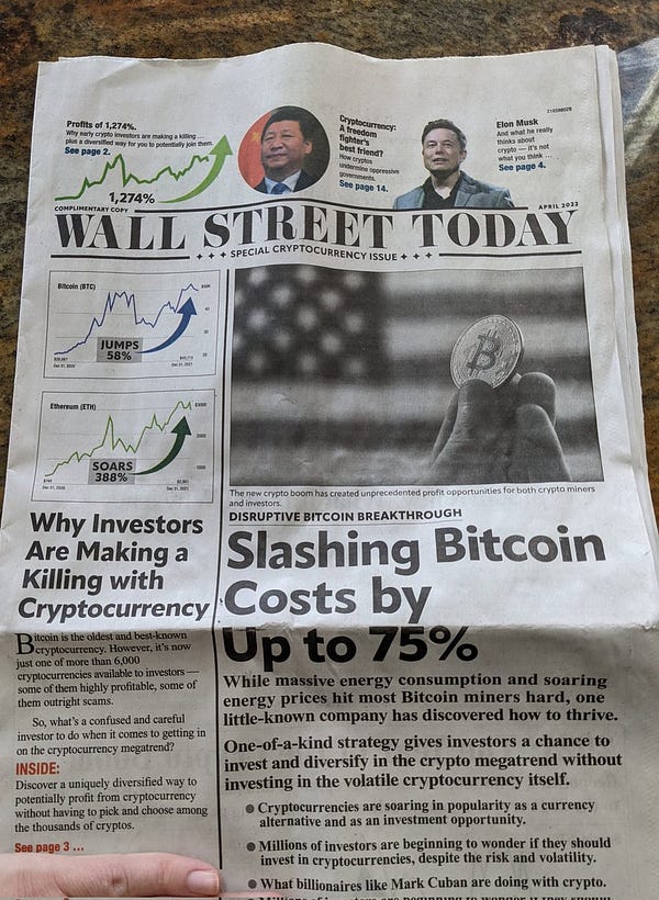 print newsletter titled "Wall Street Today", with headlines "why investors are making a killing with cryptocurrency" and "slashing Bitcoin costs by up to 75%"