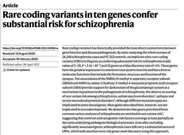 Screen shot of the title and abstract of schizophrenia ExWAS and GWAS papers published in Nature