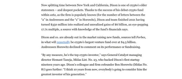 Excerpt from Forbes profile of Chris Dixon reveals a16z crypto finished 2021 with its $350 million fund up 17.7x, according to a source; the firm is out fundraising again.