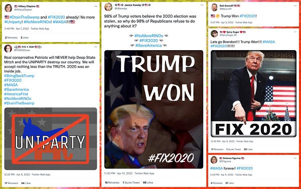 collage of tweets falsely claiming that the 2020 election was "stolen" accompanied by the #FIX2020 hashtag