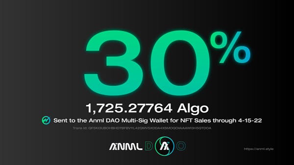 A graphic with a big 30% - calling out the Algorand transaction id made to the Anml DAO multi-sig wallet on Algorand. $ALGO 