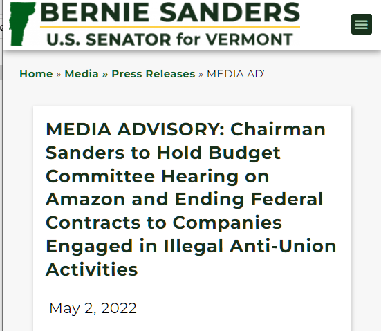MEDIA ADVISORY: Chairman Sanders to Hold Budget Committee Hearing on Amazon and Ending Federal Contracts to Companies Engaged in Illegal Anti-Union Activities
