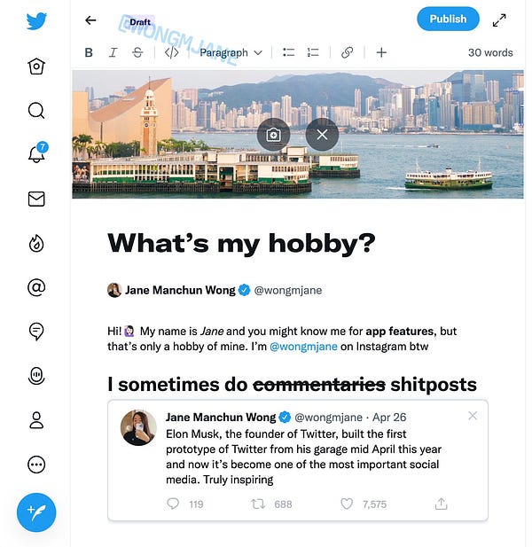 Twitter Article Composer

[Label: Draft] [Publish] [Focus mode]

toolbar:
bold, italic, strikethrough | code | [Paragraph, drop down menu] | bullet points, numbered list | link | plus button

the content is that from the tweet article preview shown in the above tweet