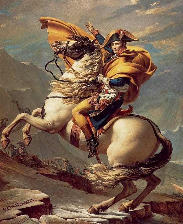 Jacques-Louis David, Napoleon Crossing the Alps or Bonaparte at the St Bernard Pass, 1800–1, oil on canvas