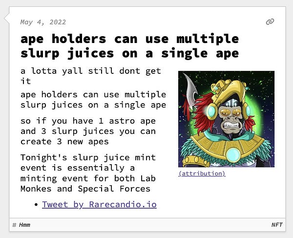 ape holders can use multiple slurp juices on a single ape  a lotta yall still dont get it ape holders can use multiple slurp juices on a single ape  so if you have 1 astro ape and 3 slurp juices you can create 3 new apes  Tonight's slurp juice mint event is essentially a minting event for both Lab Monkes and Special Forces