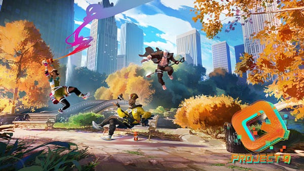 Project Q concept art shows a park in the middle of a city surrounded by yellow, orange, and brown leafed trees. From the left, one character flies through the air hanging from a small, cylindrical device while colored smoke pours from it. Another sits on a bench nonchalantly, while a third leaps high above. 