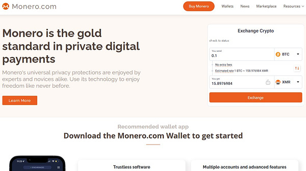 Monero.com homepage. "Monero is the gold standard in private digital payments. Download the Monero.com Wallet to get started."