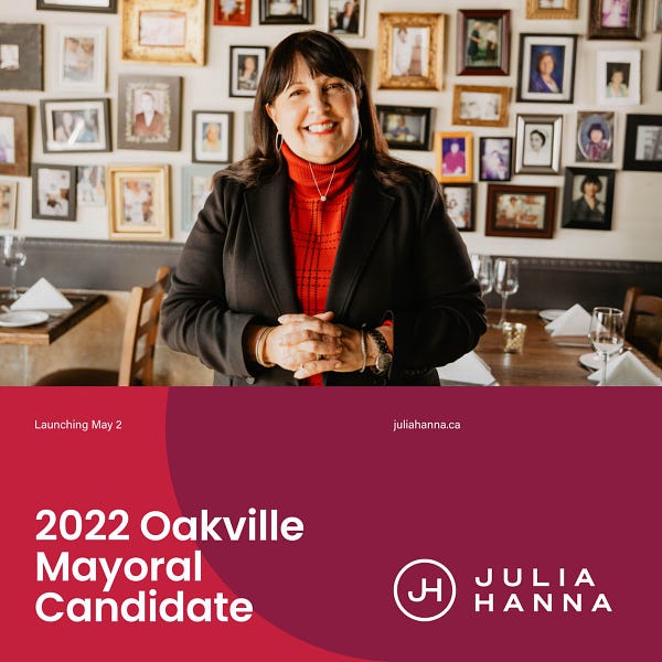 Press Release ~ Julia Hanna announces run for Oakville Mayor.
A campaign focusing on resilience, reconnecting, and rebuilding. https://www.juliahanna.ca/in-the-media-1