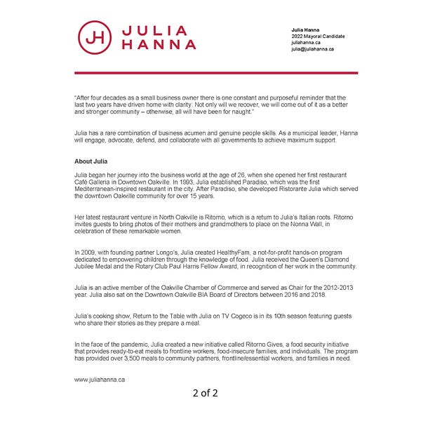 Press Release ~ Julia Hanna announces run for Oakville Mayor.
A campaign focusing on resilience, reconnecting, and rebuilding. https://www.juliahanna.ca/in-the-media-1