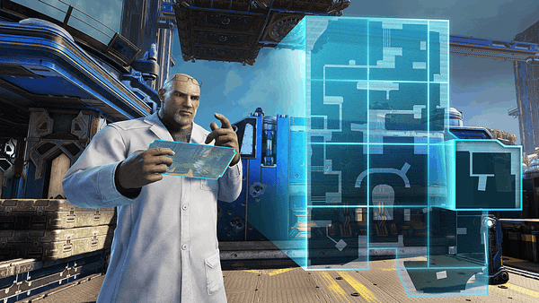 Old man Baird in Gears 5 wearing a white lab coat and looking at the Map Builder. 